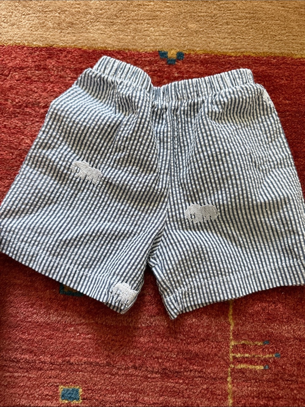 Blue and White Seersucker Stripe Shorts with Elephant Appliqués Nantucket